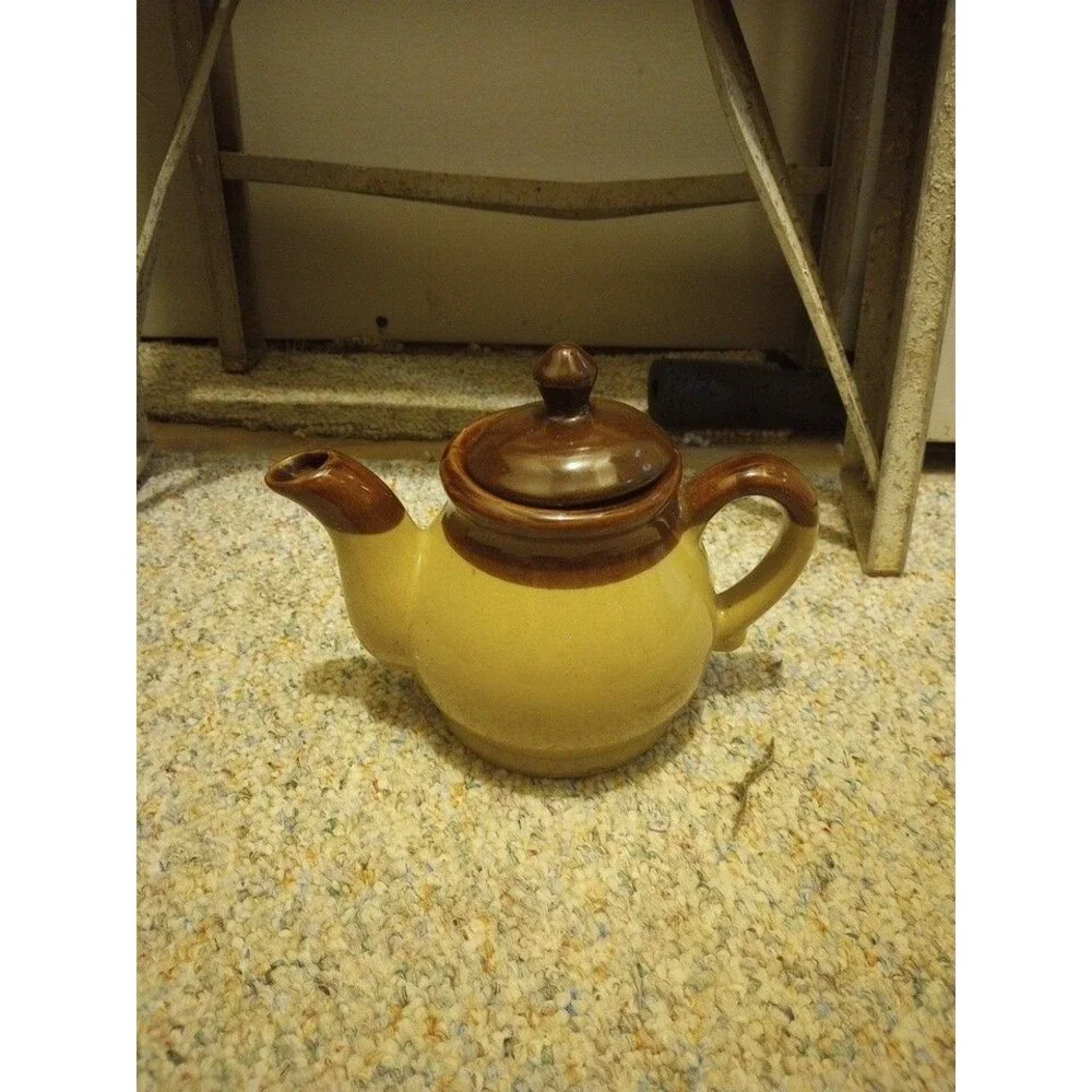 Vintage Tan & Brown Stoneware Glazed Ceramic Teapot Farmhouse Primitive Décor